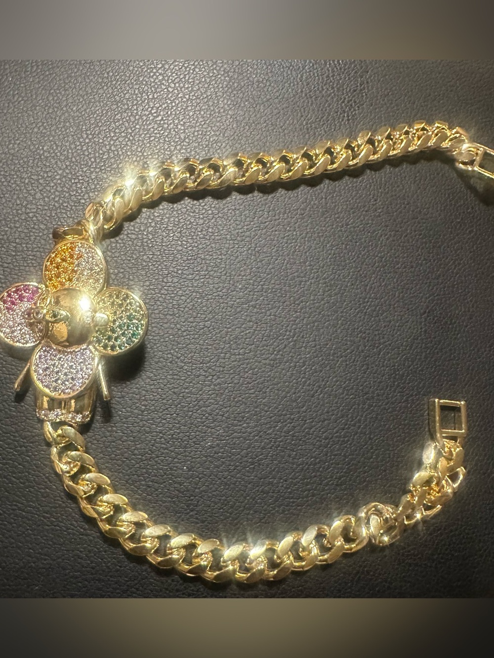 LSJ Gold-filled Flower multicolor Pave Cuban Chain Bracelet 7.5in